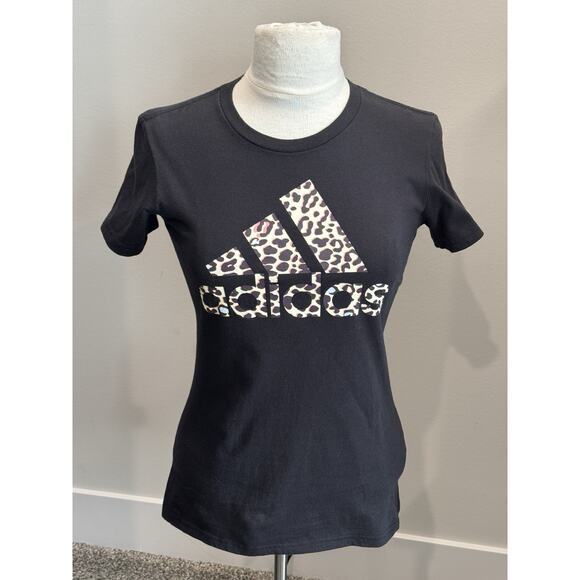 Adidas Amplifier Leopard Logo Black T-Shirt Women’s XS - Picture 1 of 10